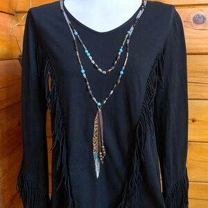Double D Ranch Fringed Long Sleeve T-Shirt Feather Necklace Detail Size Small